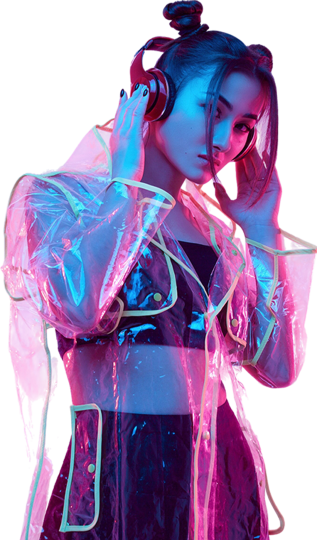 beautiful-asian-woman-raincoat-listens-music-headphones-around-colorful-neon